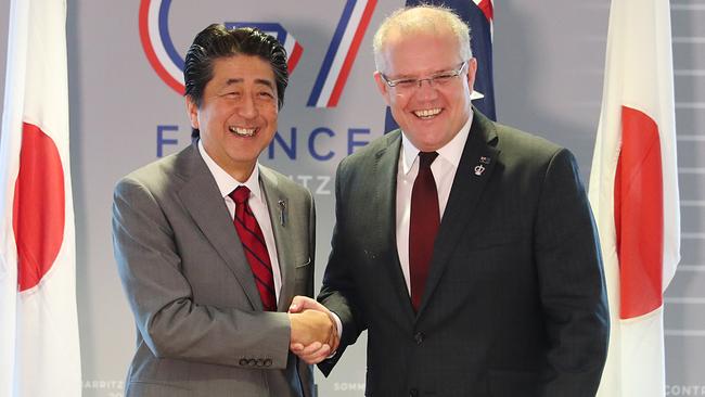 Japanese Prime Minister Shinzo Abe and Scott Morrison at the G7 summit in Biarritz, France, last August. Picture: Adam Taylor/PMO