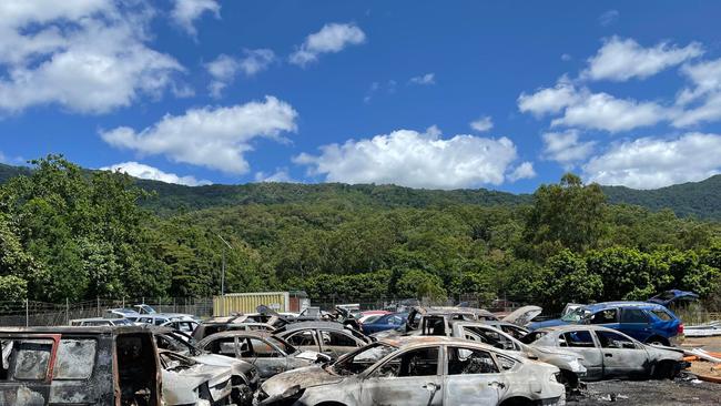 A fire at the Smithfield RoadTek depot destroyed at least 12 vehicles on March 22, closing the nearby Kennedy Hwy for more than an hour. Picture: Andreas Nicola