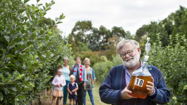 Philip and Marilyn Cormie (back left) and their family, daughters Ava Cormie (back centre) and Lana Howkins and her children Sophie and George are working with locals to make the town of Learmonth the hub of cider in Victoria. Picture: Zoe Phillips