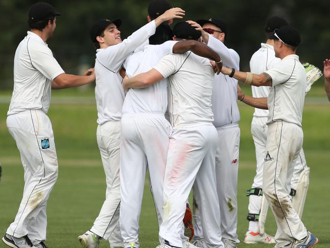 March 7 Feb 2020 DVCA Cricket: Heidelberg v EppingHeidelberg celebrate a wicket.Picture: Stuart Milligan