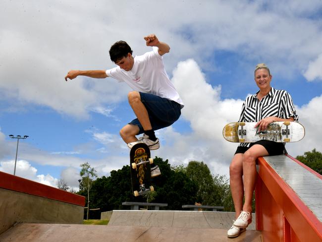 Aidan Skinner from SK8 M8S and Cr Suzy Batkovic at the upgraded Murray Skate Park last year. Picture: Evan Morgan