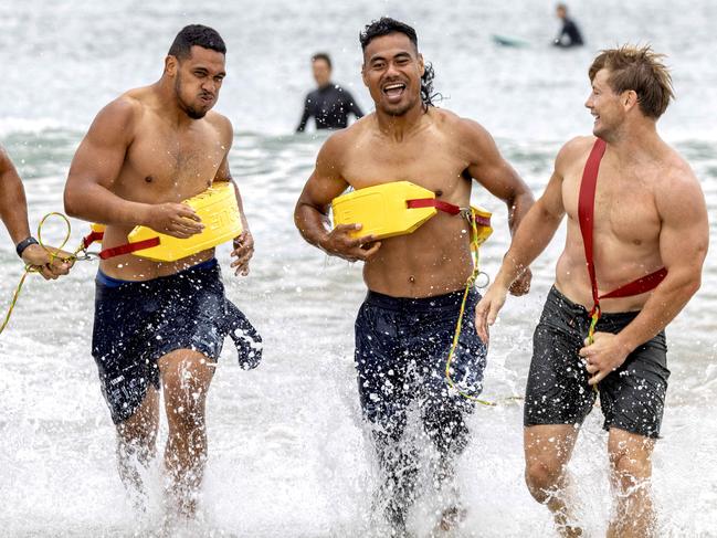 WARNING. ON HOLD FOR WEEKEND HERALD SUN.  18 January 2025: Melbourne Storm pre-season training camp at Torquay beach. Eliesa Katoa, Ativalu Lisati, Setu Tu, Harry GrantPicture: David Geraghty