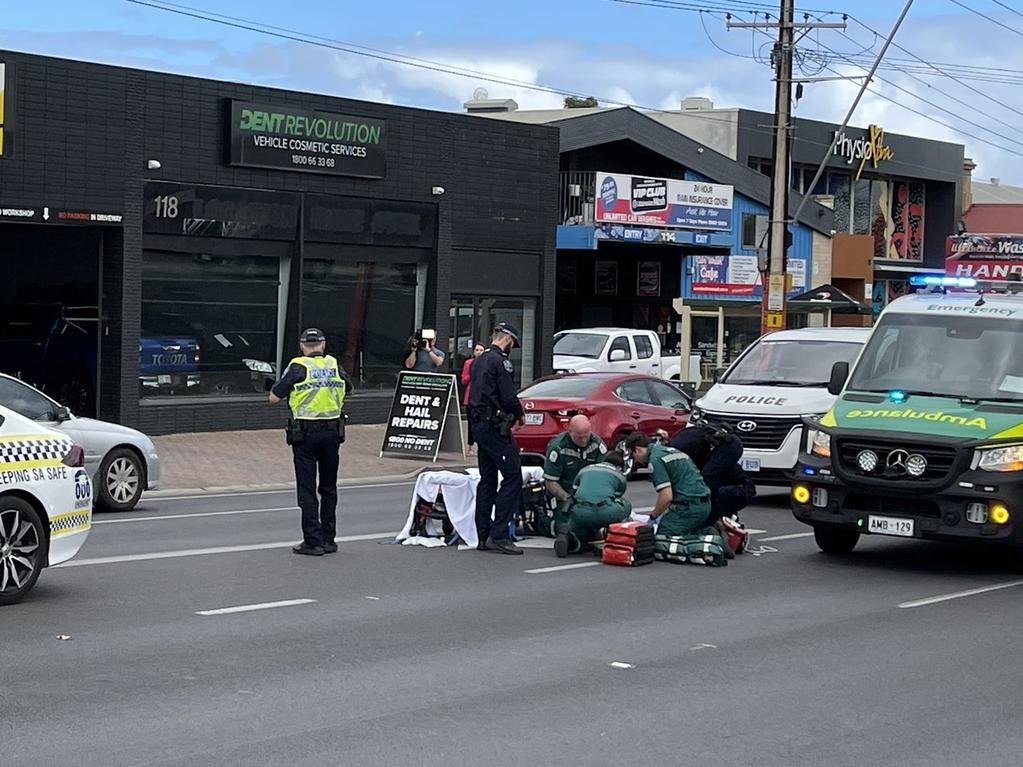 A woman has been taken to the Royal Adelaide Hospital after she was hit by a police car along Magill Road. Picture: Cam Inglis/ Ten News First