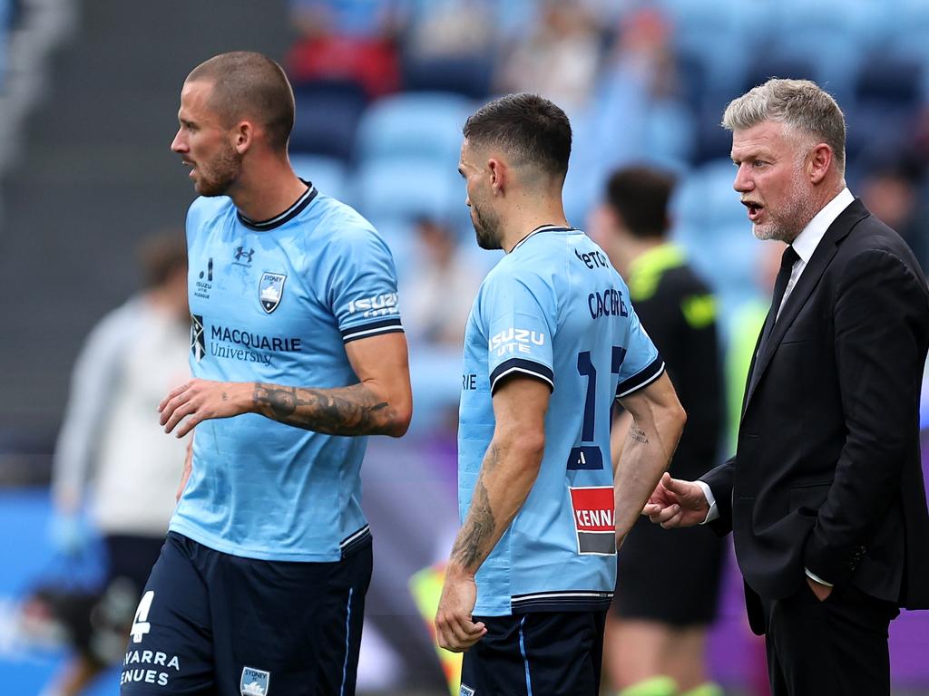 Sydney FC coach Ufuk Talay looks on as his sides’ finals hopes begin to slip. Picture: Getty Images