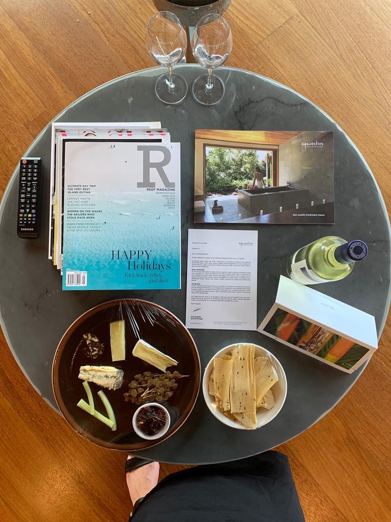 Each room has a welcome cheese plate and bottle on ice.