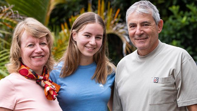 Sophia at home in Willoughby with parents Linda Curtis and Con Skarparis. (AAP Image / Julian Andrews).