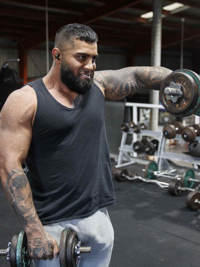 Issa Mohammad, 27, training in the gym which is part of the daily routine at the Connect Global rehab centre at Swan Bay. Picture: David Swift