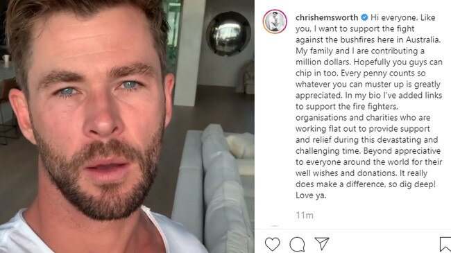 Chris Hemsworth has pledged $1 million to bushfire recovery. Picture: Instagram