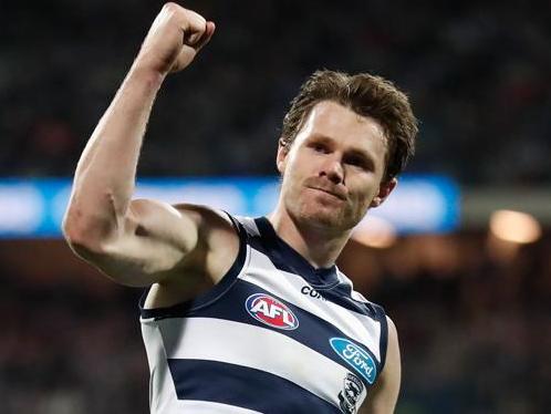 GEELONG, AUSTRALIA - JUNE 02: Patrick Dangerfield of the Cats celebrates during the 2017 AFL round 11 match between the Geelong Cats and the Adelaide Crows at Simonds Stadium on June 02, 2017 in Geelong, Australia. (Photo by Michael Willson/AFL Media/Getty Images)