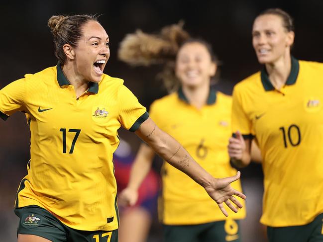 NEWCASTLE, AUSTRALIA - NOVEMBER 30: Kyah Simon of the Matildas celebrates scoring her team's only goal during game two of the International Friendly series between the Australia Matildas and the United States of America Women's National Team at McDonald Jones Stadium on November 30, 2021 in Newcastle, Australia. (Photo by Cameron Spencer/Getty Images) *** BESTPIX ***