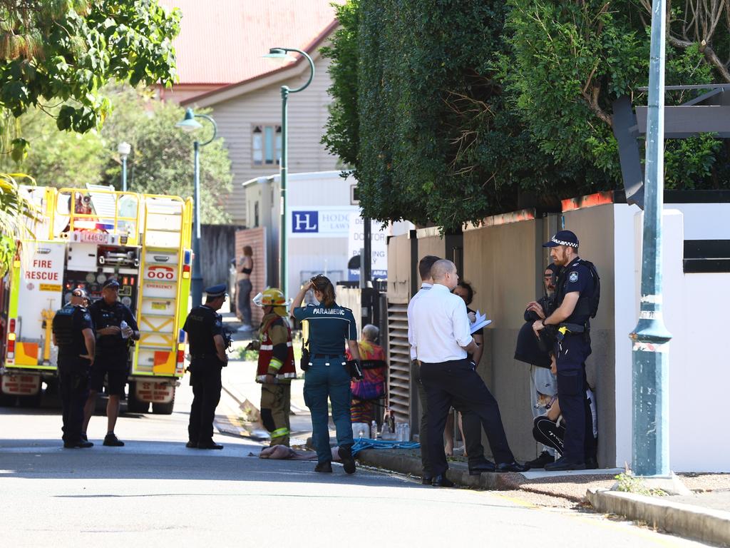 Emergency services at the scene of a serious unit fire at New Farm. Picture: David Clark