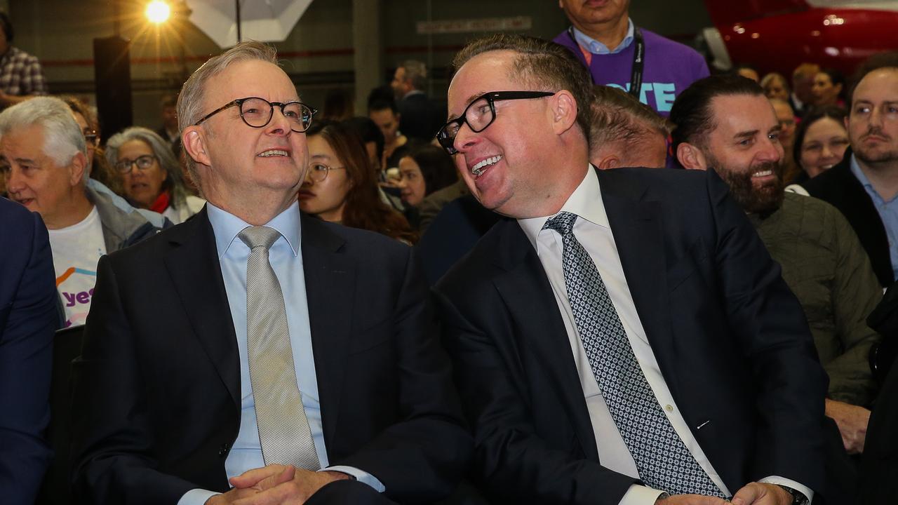 Prime Minister Anthony Albanese and then Qantas CEO Alan Joyce at the launch of the Qantas ‘Yes’ campaign in August. Picture: NCA Newswire / Gaye Gerard