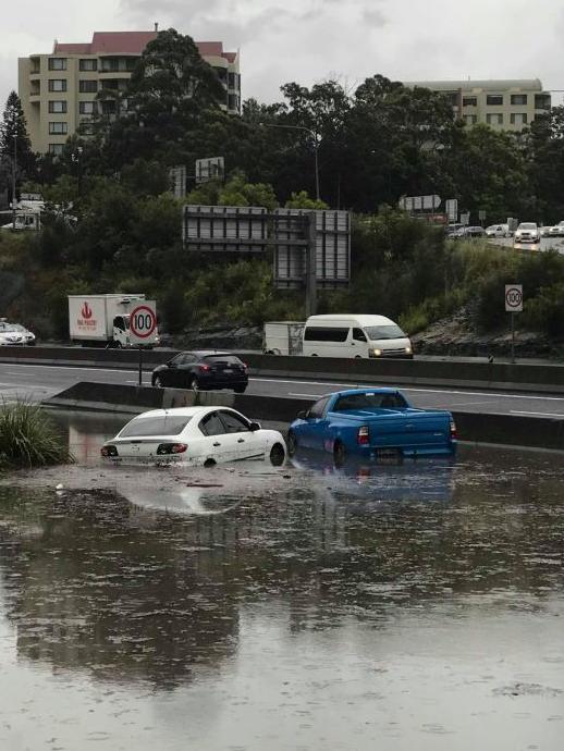 Two cars became stuck on the ramp to the M2 at Ryde. Picture: 9 News