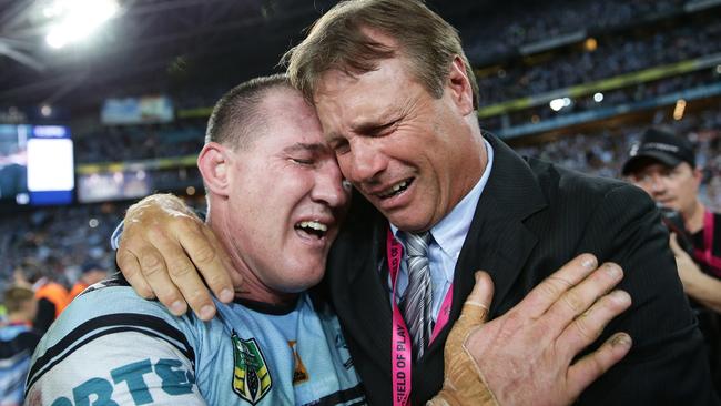 The pair’s famous embrace after Cronulla’s 2016 Grand Final triumph. Image: Brett Costello