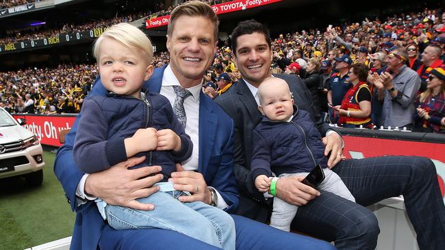 Leigh Montagna with Nick Riewoldt during the retirees motorcade at last year’s Grand Final. Picture: Michael Klein