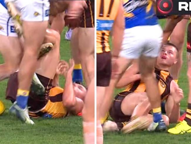 Jack Ginnivan lashed out right in front of the umpire. Photo: Fox Footy.