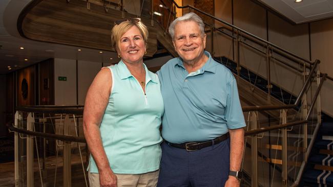 Passengers travelling Vince Roig and Jane Roig as the luxury cruise ship Seabourn Pursuit arrives Darwin Port for the first time this year for its first season in the Kimberleys. Picture: Pema Tamang Pakhrin