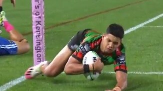 Jaxson Paulo was awarded a try despite his foot clearly going into touch. Picture: Fox Sports.