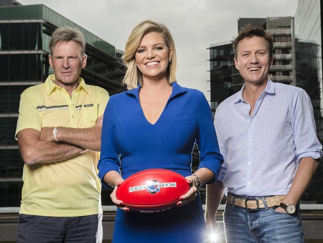 Sam Newman, Rebecca Maddern and James Brayshaw. Picture: Jason Edwards