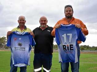 TEAMWORK: Mark Street, president of Roma Cities RLFC, with Bruce Chapman and Jamie Short of RIE. Picture: Jorja McDonnell