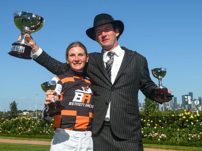 MELBOURNE, AUSTRALIA - MARCH 02: Jamie Kah and Trainer Ciaron Maher pose with trophy after Southport Tycoon won Race 8, the Howden Australian Guineas, during Melbourne Racing at Flemington Racecourse on March 02, 2024 in Melbourne, Australia. (Photo by Vince Caligiuri/Getty Images)