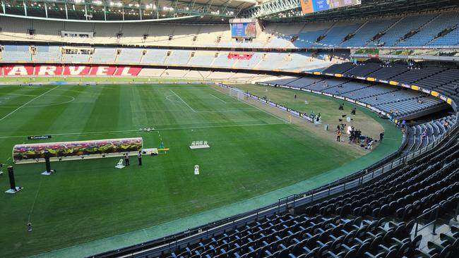 The turf at the Southern Cross Station end of Marvel Stadium, with the dead grass behind the goals where the stage was and turf in and around the box relayed. Picture: Max Stainkamph