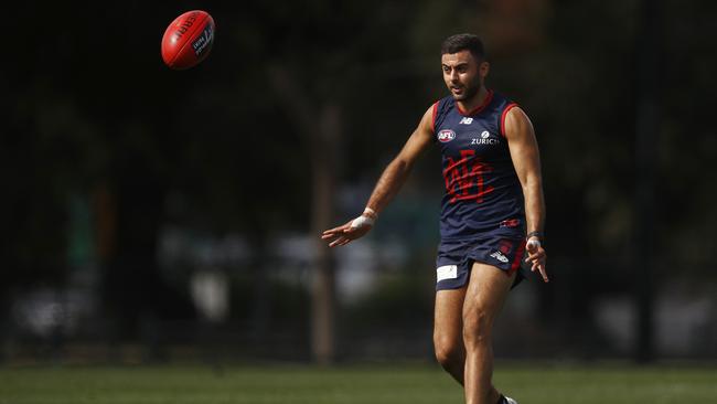 Christian Salem has plenty of the ball in Melbourne’s loss to Port Adelaide. Picture: Daniel Pockett.