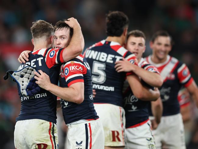 SYDNEY, AUSTRALIA - SEPTEMBER 01: Luke Keary of the Roosters celebrates after the Roosters defeated the Rabbitohs during the round 27 NRL match between South Sydney Rabbitohs and Sydney Roosters at Accor Stadium on September 01, 2023 in Sydney, Australia. (Photo by Matt King/Getty Images)