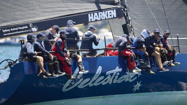 The crew on Celestial at the start of the 2022 Sydney to Hobart.