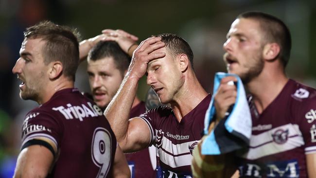 Daly Cherry-Evans and the Sea Eagles players react after a Panthers try. Picture: Cameron Spencer/Getty Images