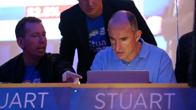 Member for Fadden Stuart Robert watches as counting begins at his election after-party at Labrador AFL Club on the Gold Coast. Pics Adam Head