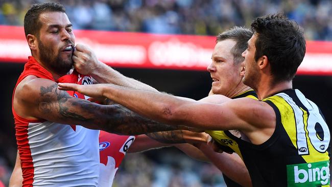 Alex Rance and Jack Riewoldt take on Lance Franklin together. Picture: Getty Images