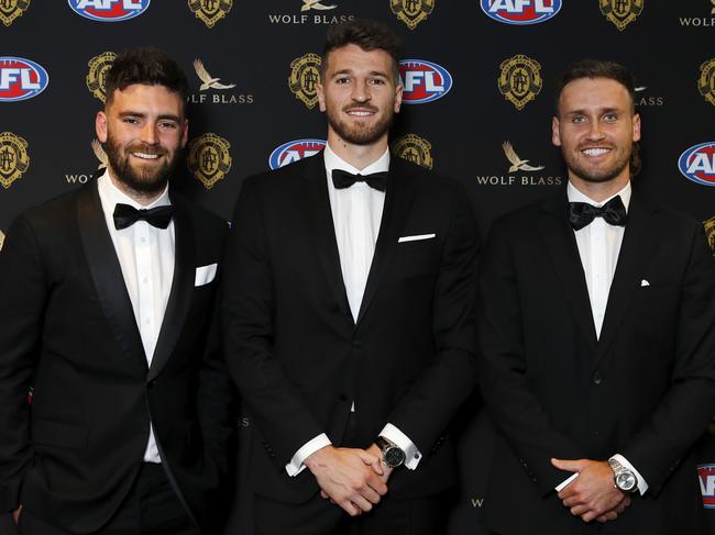 Gayden Shea, Marcus Bontempelli and Hayden Crozier of the Bulldogs, in Perth. Picture: Getty Images