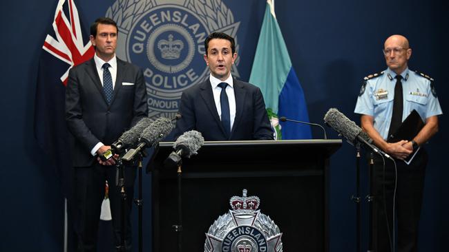 6/11/2024: QLD Premier David Crisafulli, Minister for Police Dan Purdie and Queensland Police Service Commissioner Steve Gollschewski, at the Queensland Police Headquarters, Brisbane. pic: Lyndon Mechielsen/Courier Mail