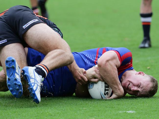 Newcastle number 11, Thomas Cant scored a late try. Picture: David Swift