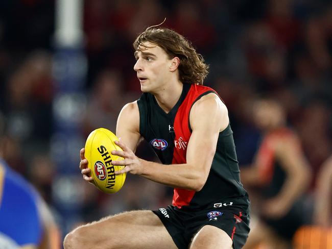 MELBOURNE, AUSTRALIA – JUNE 23: Harrison Jones of the Bombers in action during the 2024 AFL Round 15 match between the Essendon Bombers and the West Coast Eagles at Marvel Stadium on June 23, 2024 in Melbourne, Australia. (Photo by Michael Willson/AFL Photos via Getty Images)