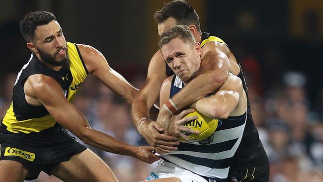 Joel Selwood gave everything for the Cats. Picture: Michael Klein