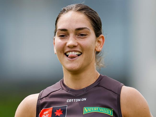 MELBOURNE, AUSTRALIA - OCTOBER 17: Mattea Breed of the Hawks in action during a Hawthorn Hawks training session at Waverley Park on October 17, 2024 in Melbourne, Australia. (Photo by Dylan Burns/AFL Photos via Getty Images)