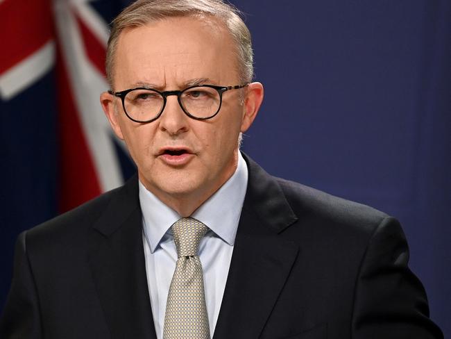 Leader of the Opposition Anthony Albanese speaks to the media during a press conference at the Commonwealth Parliamentary Offices in Sydney, Sunday, April 10, 2022. Scott Morrison has called the federal election for May 21 after informing the governor-general of his intention to dissolve parliament, in Canberra on Sunday. (AAP Image/Bianca De Marchi) NO ARCHIVING