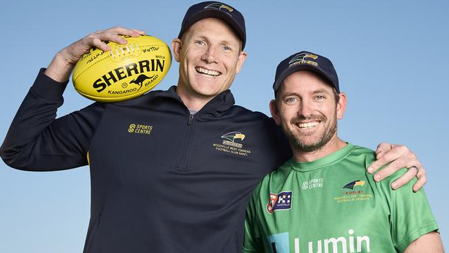 Woodville-West Torrens coach Sam Jacobs (left) with his new runner, former Australia and South Australia paceman Chadd Sayers, at Woodville Oval. Picture: Matt Loxton