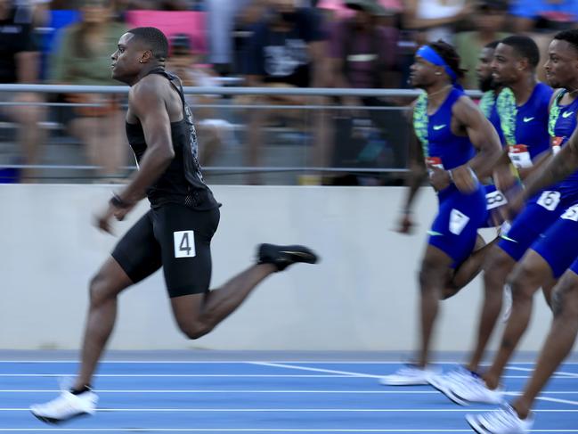 DES MOINES, IOWA - JULY 25: Christian Coleman runs to victory in the 100 meter final during the 2019 USATF Outdoor Championships at Drake Stadium on July 25, 2019 in Des Moines, Iowa.   Andy Lyons/Getty Images/AFP == FOR NEWSPAPERS, INTERNET, TELCOS & TELEVISION USE ONLY ==