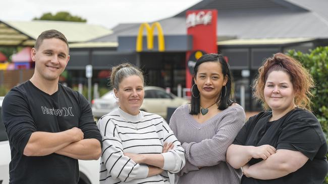 Brayden Cranwell Jessica St Clair, iesha Taurima and Heather Hammond outside the McDonald’s at Murray Bridge. Picture: Roy VanDerVegt