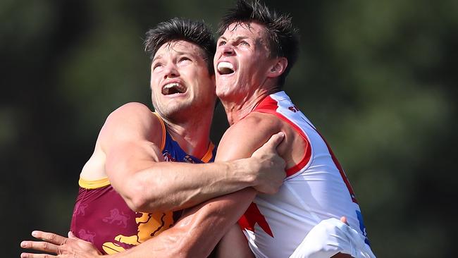 Stefan Martin, left, was dominant as the Lions’ solo ruckman on Sunday.