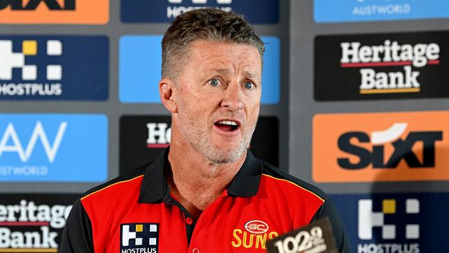 GOLD COAST, AUSTRALIA - AUGUST 21: Damien Hardwick speaks at a Gold Coast Suns AFL press conference announcing his signing as the new coach at Heritage Stadium on August 21, 2023 in Gold Coast, Australia. (Photo by Bradley Kanaris/Getty Images)