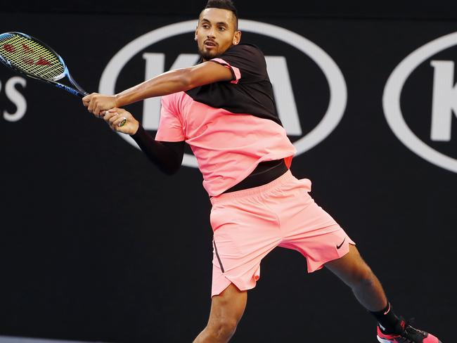 Australian Open Tennis 2018 - Day One. Nick Kyrgios vs Rogerio Dutra Silva.  Nick Kyrgios rips a backhand  .Pic: Michael Klein
