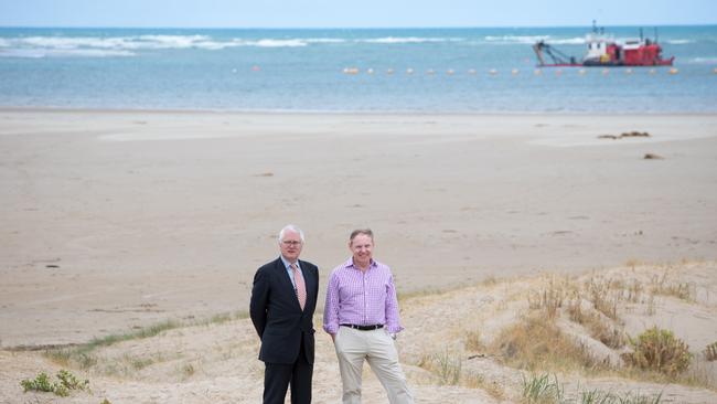 Commissioner Bret Walker in SC with Senior Counsel assisting Richard Beasley at the Murray mouth, where dredging is continuing. Picture: Leon Mead