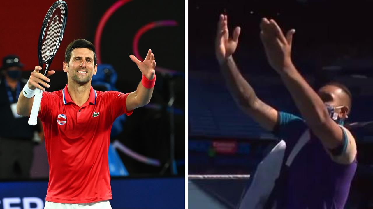 Nick Kyrgios mocked Novak Djokovic's trademark celebration before his Australian Open doubles match.