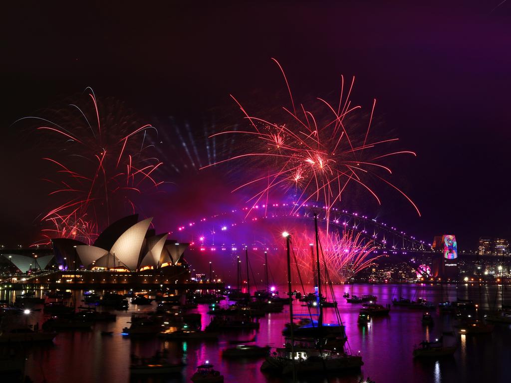 New Year's Eve 9pm fireworks over Sydney Harbour as seen from Mrs Macquarie's Chair. Picture: Jonathan Ng