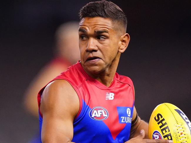 Neville Jetta of the Demons runs with the ball during the Round 2 AFL match between the Carlton Blues and the Melbourne Demons at Marvel Stadium in Melbourne, Saturday, June 13, 2020. (AAP Image/Scott Barbour) NO ARCHIVING, EDITORIAL USE ONLY