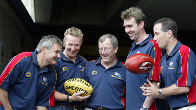 Adelaide Crows coach Neil Craig with assistant coaches David Noble, Alan Stewart, Paul Hamilton and Don Pyke in 2004.